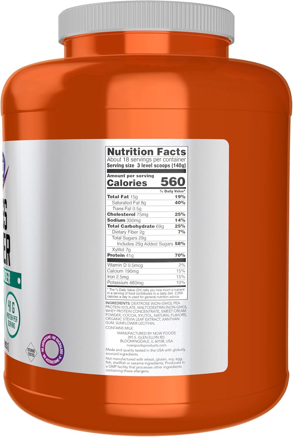 NOW Foods Sports Mass Gainer Protein Powder, Chocolate Pea & Whey Blend, 5.5 lbs.