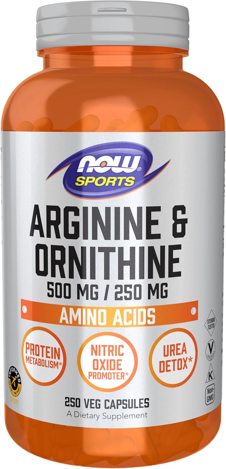 NOW Foods Sports Nutrition Arginine & Ornithine 500/250 mg Amino Acids 250 Veg Capsules - Muscle Support Supplement