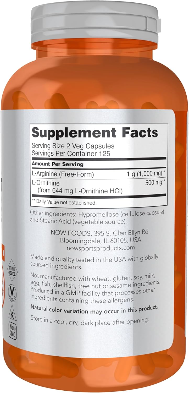 NOW Foods Sports Nutrition Arginine & Ornithine 500/250 mg Amino Acids 250 Veg Capsules - Muscle Support Supplement