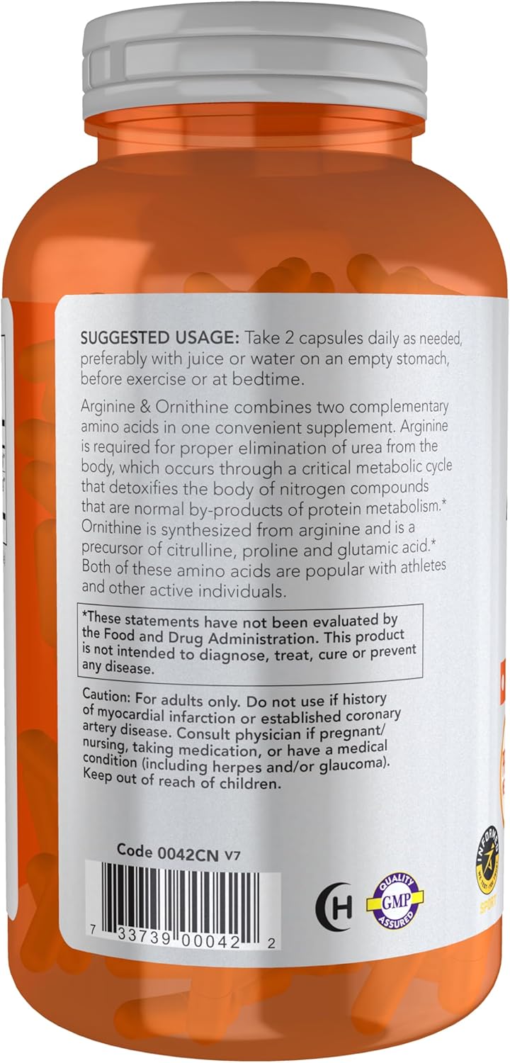 NOW Foods Sports Nutrition Arginine & Ornithine 500/250 mg Amino Acids 250 Veg Capsules - Muscle Support Supplement