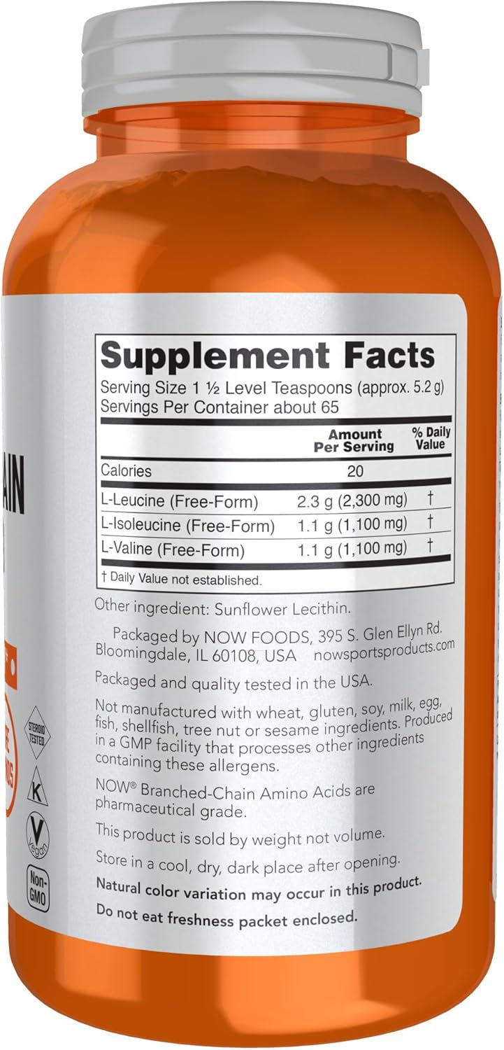 NOW Foods Sports Nutrition BCAA Powder, Essential Amino Acids for Muscle Recovery, 12-Ounce