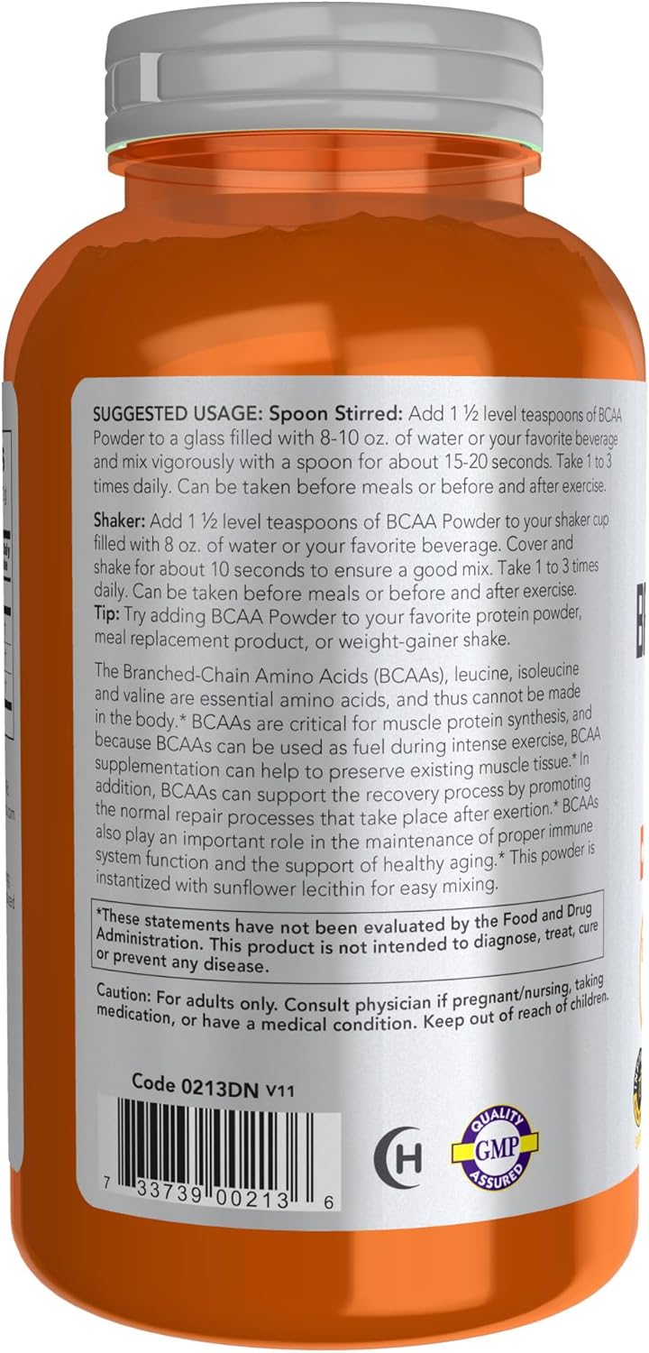NOW Foods Sports Nutrition BCAA Powder, Essential Amino Acids for Muscle Recovery, 12-Ounce