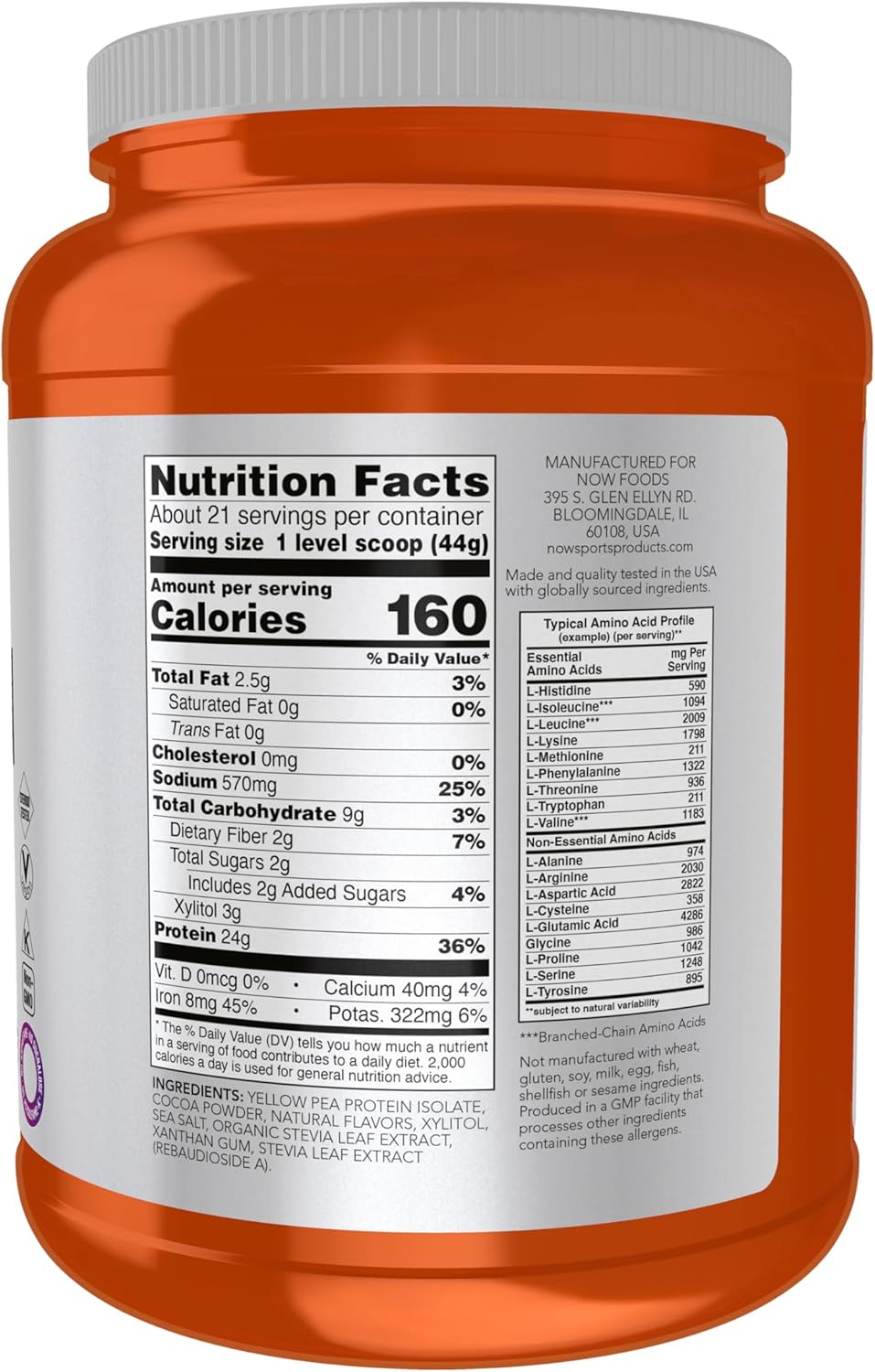 NOW Foods Sports Nutrition: Creamy Chocolate Pea Protein Powder, 24g, Easily Digestible, 2lb