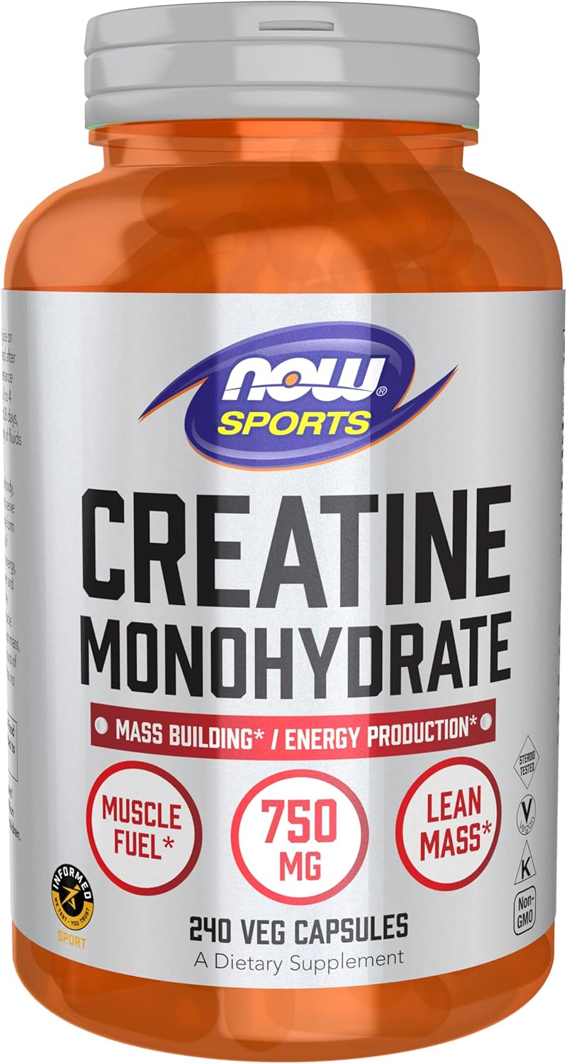 NOW Foods Sports Nutrition Creatine Monohydrate Capsules, 750 mg, Mass Building & Energy Production Support, 240 Count