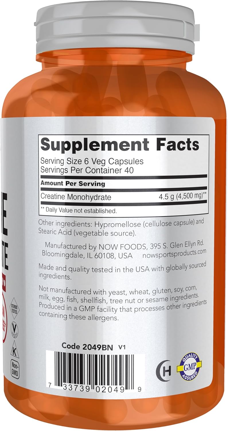 NOW Foods Sports Nutrition Creatine Monohydrate Capsules, 750 mg, Mass Building & Energy Production Support, 240 Count