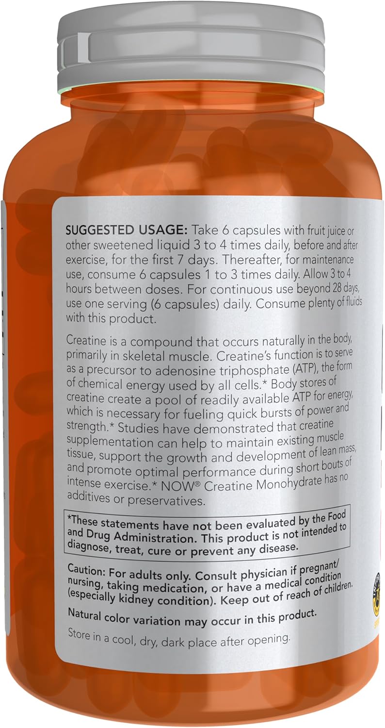 NOW Foods Sports Nutrition Creatine Monohydrate Capsules, 750 mg, Mass Building & Energy Production Support, 240 Count