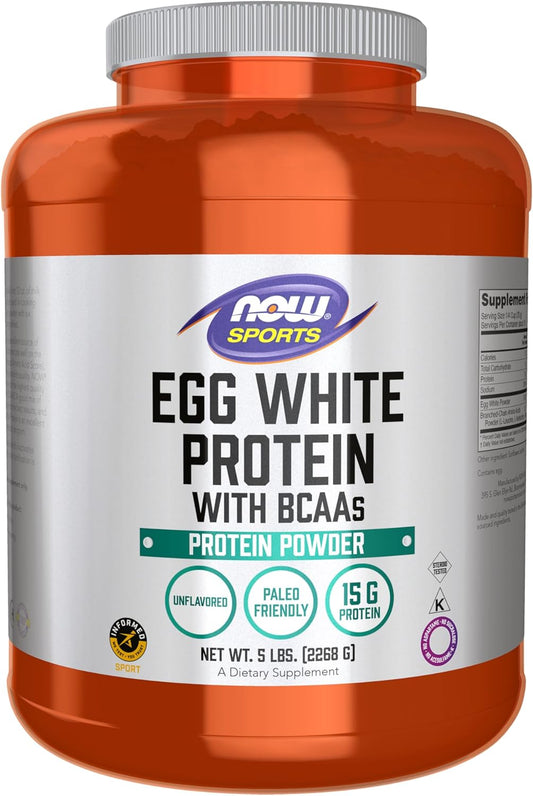 NOW Foods Sports Nutrition Egg White Protein Powder - 16g BCAAs, Unflavored - 5lb