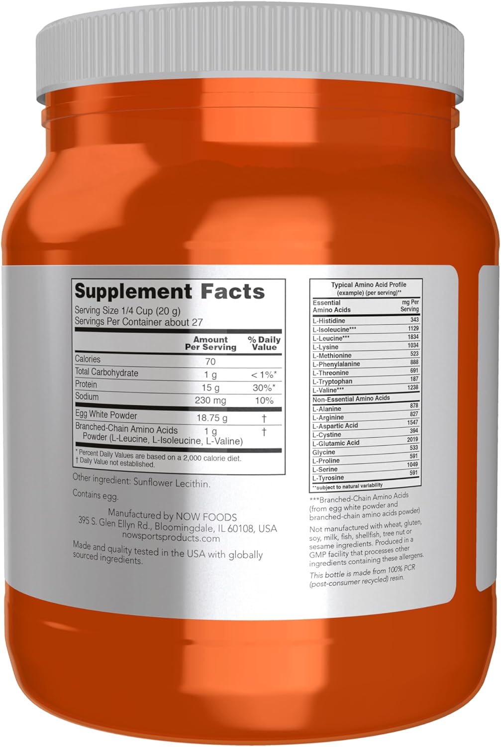 NOW Foods Sports Nutrition Egg White Protein Powder, 1.2 lb - Unflavored, 16g Protein with BCAAs