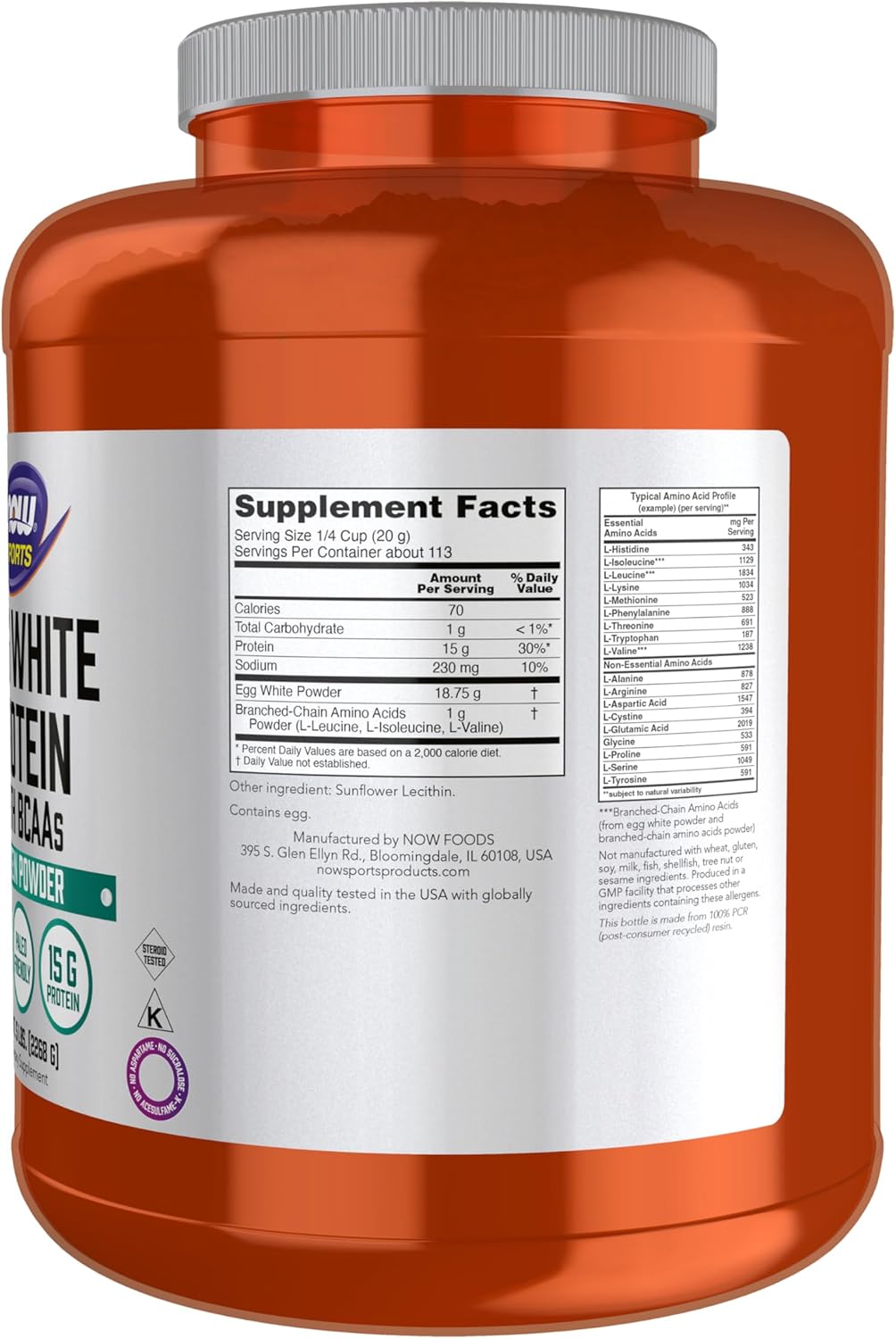 NOW Foods Sports Nutrition Egg White Protein Powder - 16g BCAAs, Unflavored - 5lb