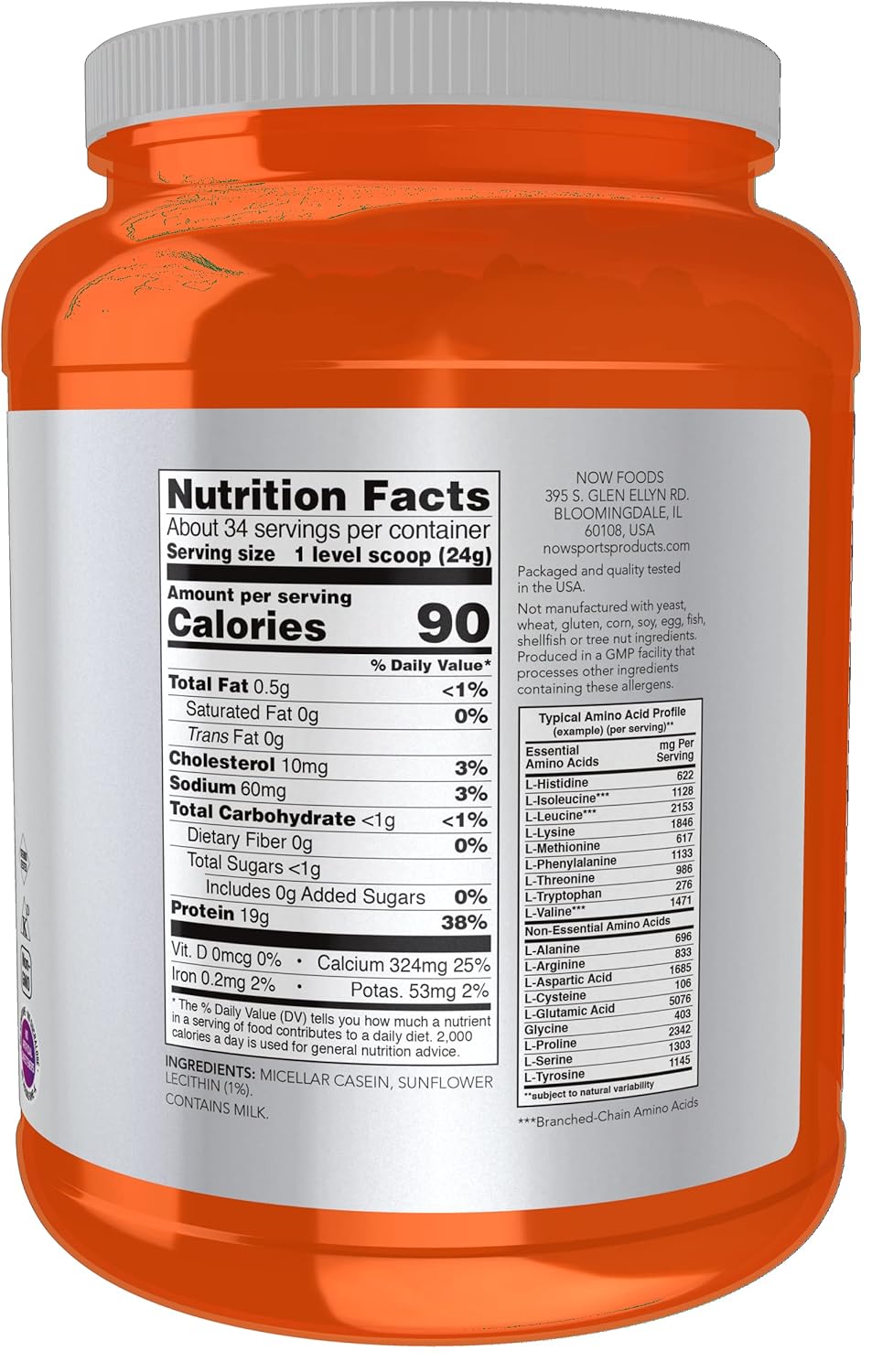 NOW Foods Sports Nutrition Micellar Casein Protein Powder - 19g Slow Release Unflavored - 1.8lb