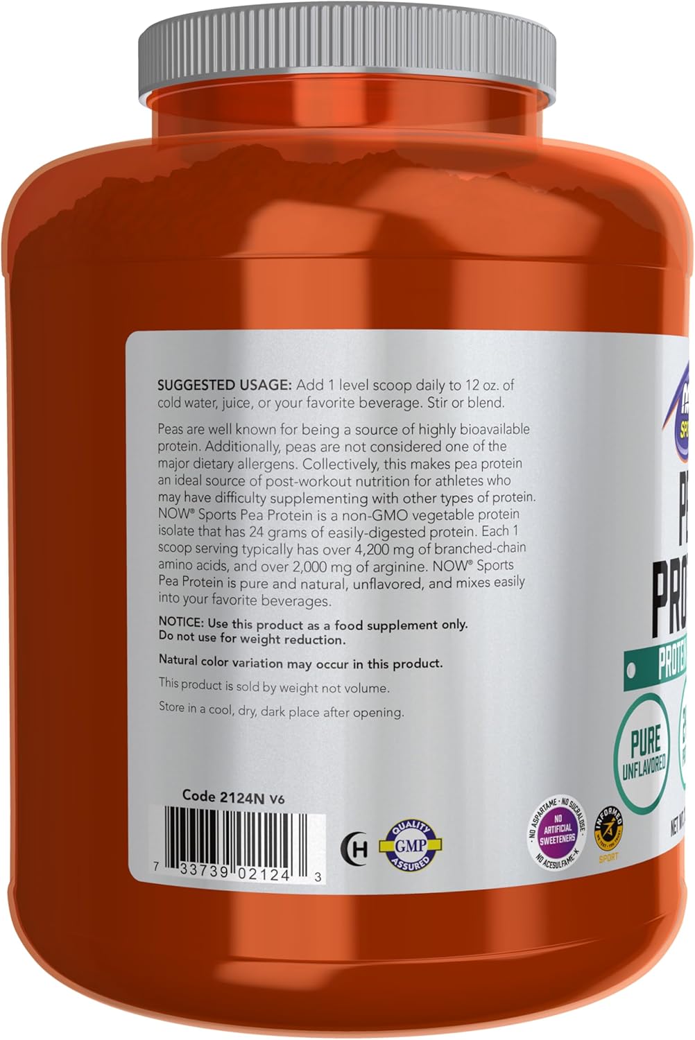 NOW Foods Sports Nutrition Pea Protein Powder - 24g Protein, Fast Absorption, Unflavored - 7lb