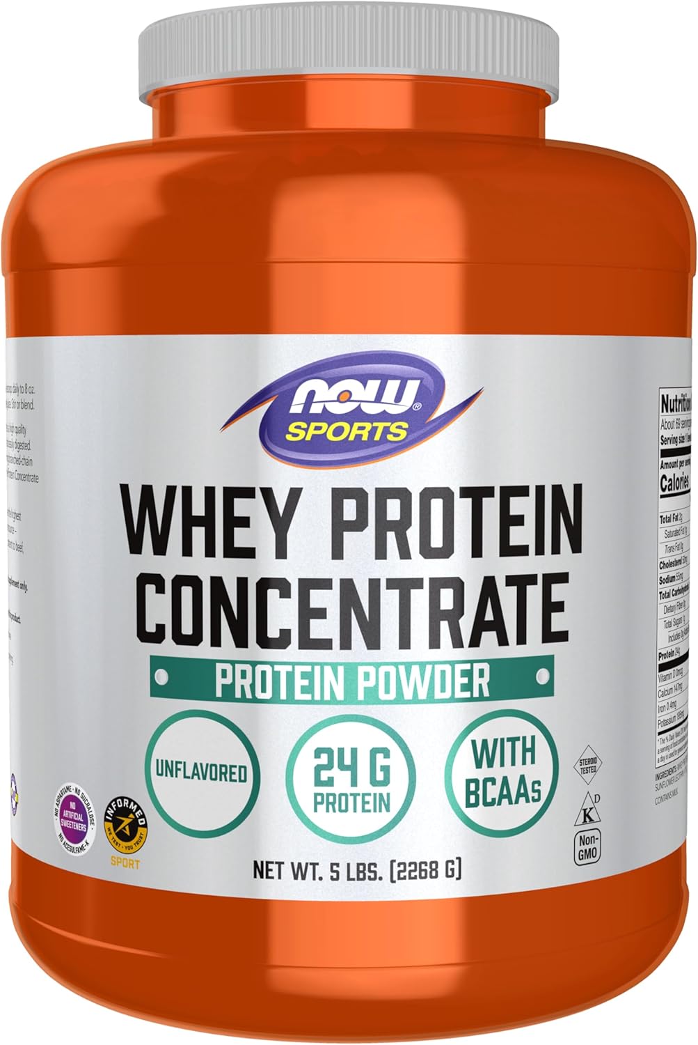 NOW Foods Sports Nutrition Whey Protein Concentrate Powder - 24g BCAAs, Unflavored, 5lb