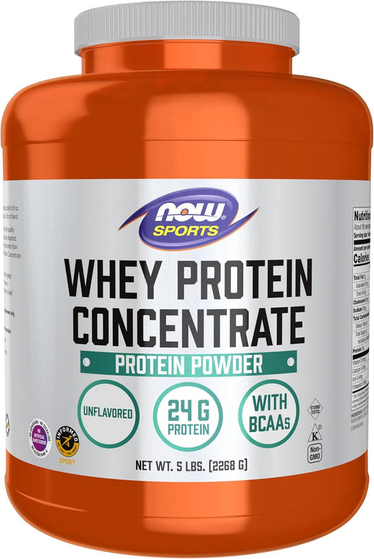 NOW Foods Sports Nutrition Whey Protein Concentrate Powder - 24g BCAAs, Unflavored, 5lb