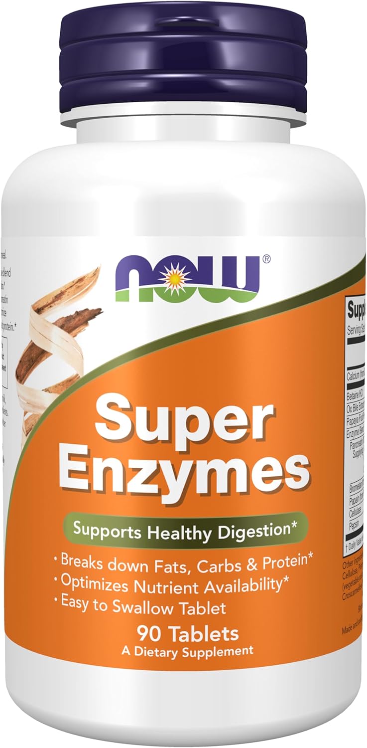 NOW Foods Super Enzymes Supplement with Bromelain, Ox Bile, Pancreatin, and Papain - 90 Tablets