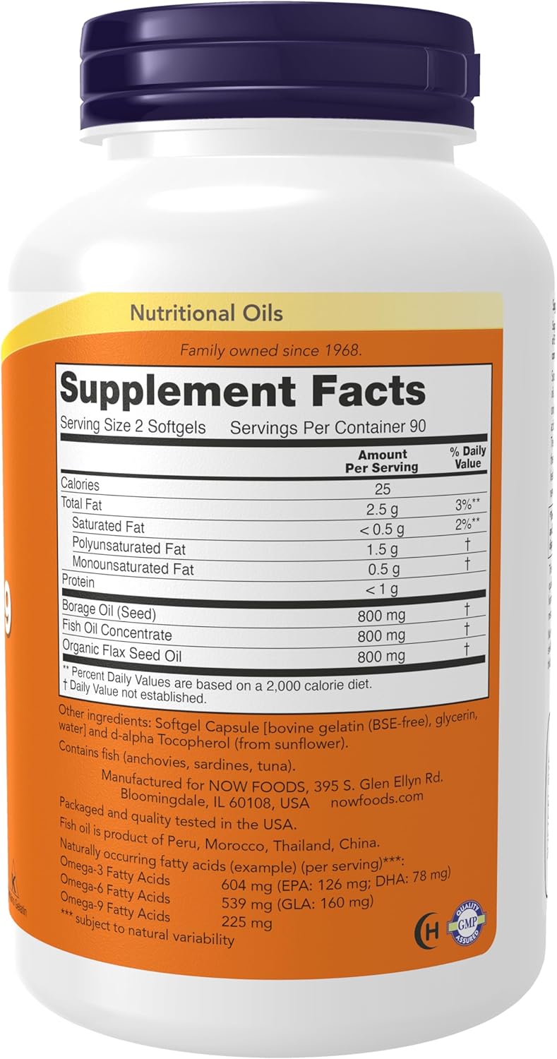 NOW Foods Super Omega 3-6-9 1200 mg Supplements - Fish, Borage, Flax Seed Oils - 180 Softgels