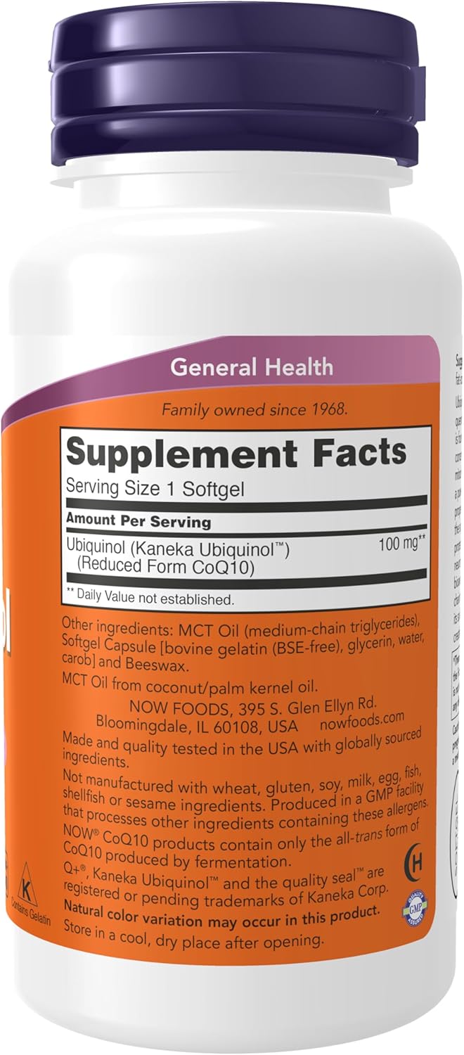 NOW Foods Ubiquinol 100 mg Softgels - High Bioavailability CoQ10 Supplement (60 Count)