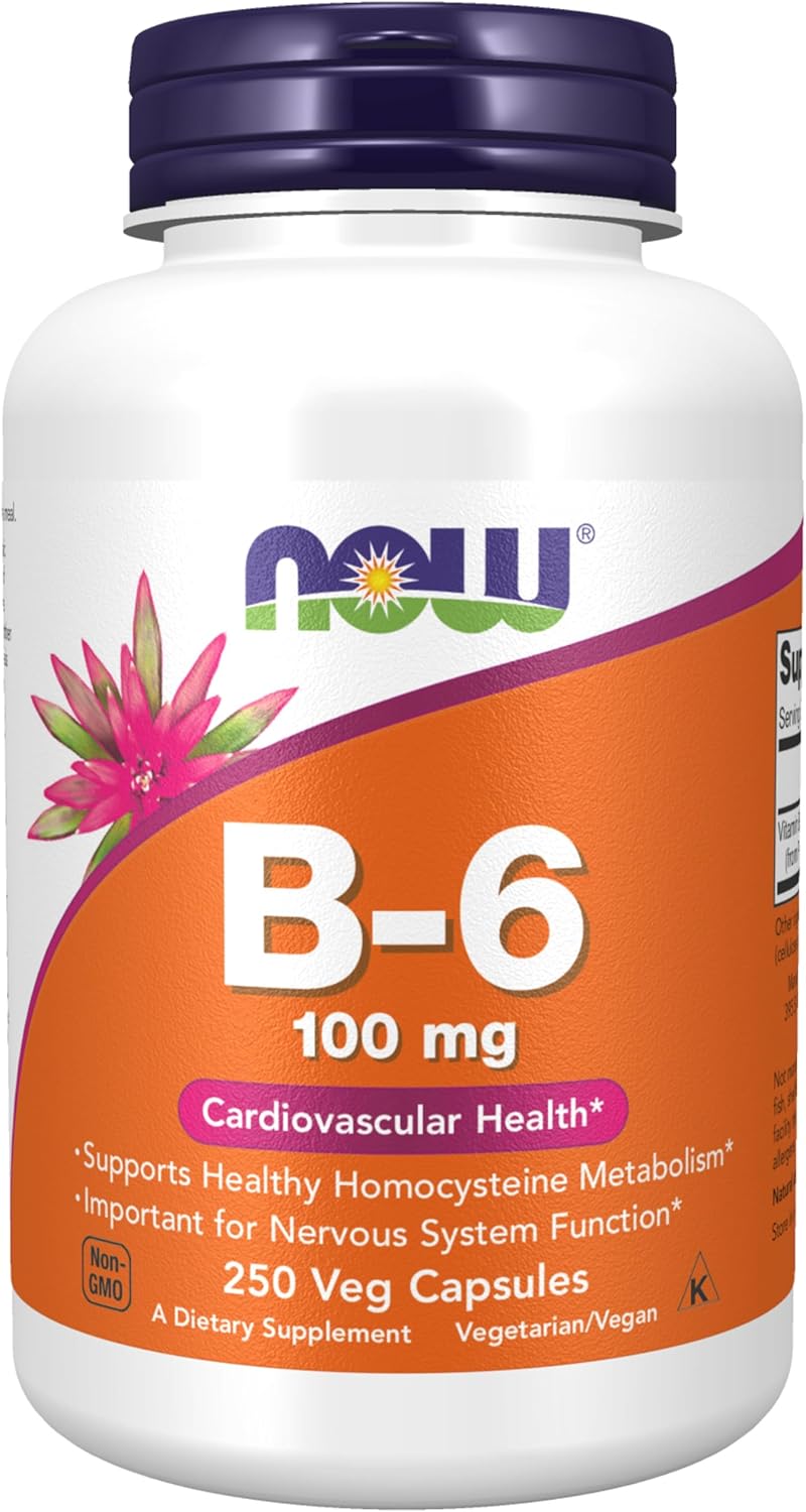 NOW Foods Vitamin B-6 (Pyridoxine HCl) 100 mg - 250 Veg Capsules for Cardiovascular Health