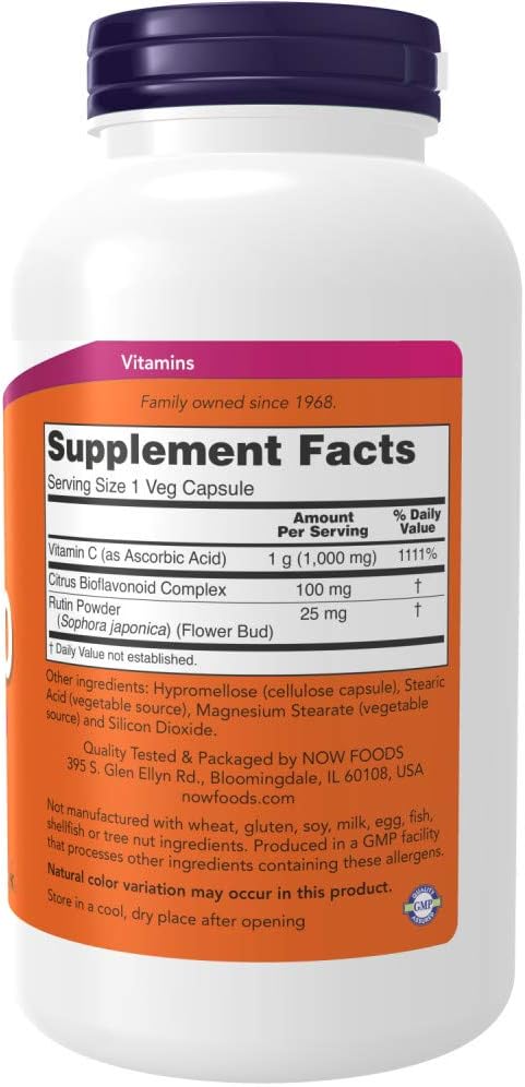Now Foods Vitamin C 1000 mg, 250 Capsules for Immune Support and Antioxidant Protection
