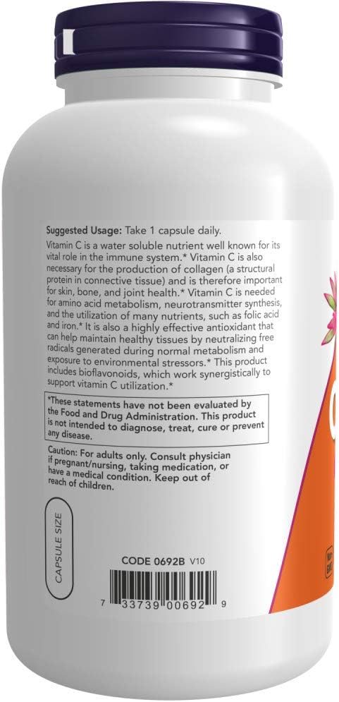 Now Foods Vitamin C 1000 mg, 250 Capsules for Immune Support and Antioxidant Protection