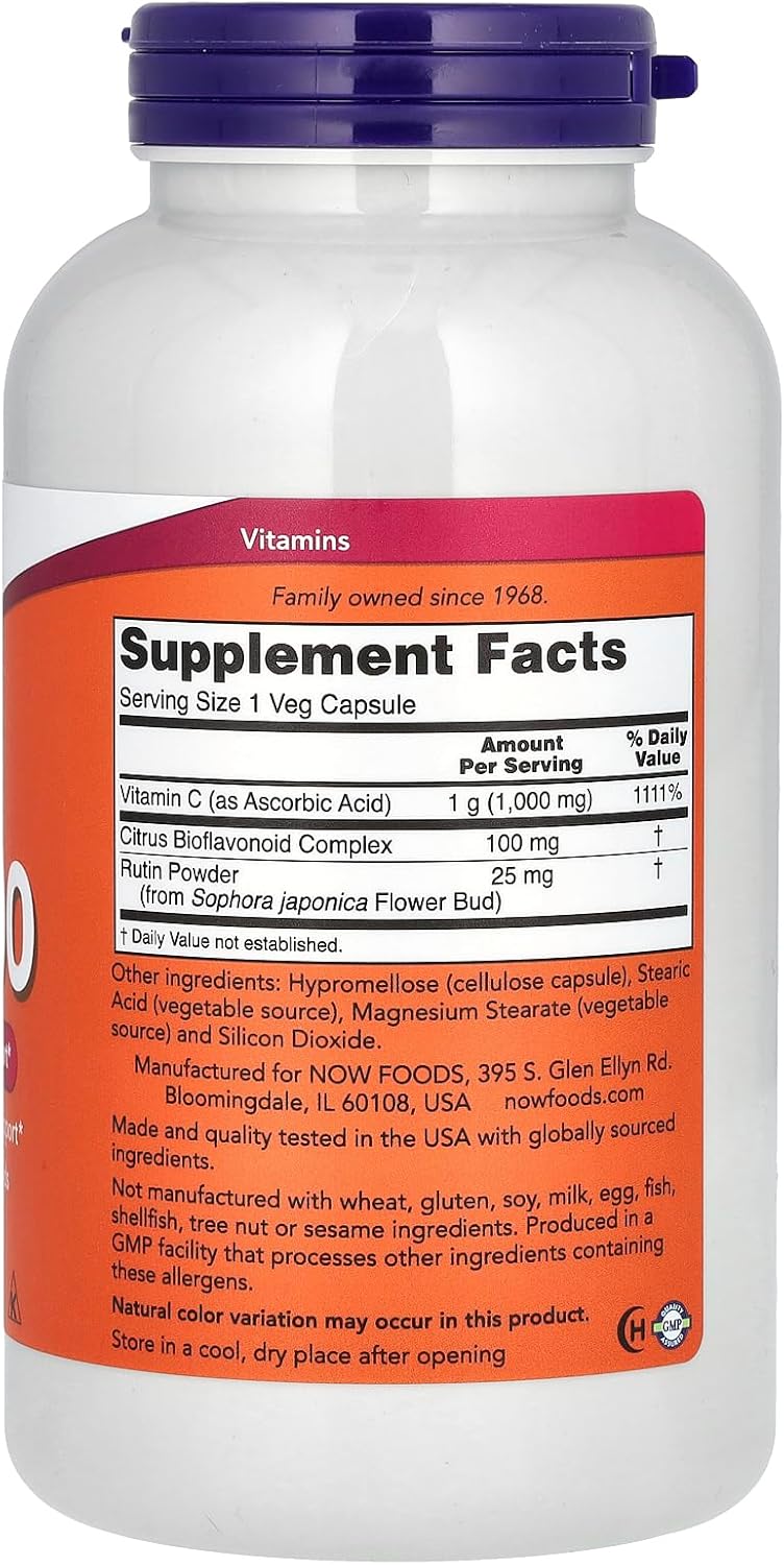 Now Foods Vitamin C 1000 mg, 250 Capsules for Immune Support and Antioxidant Protection