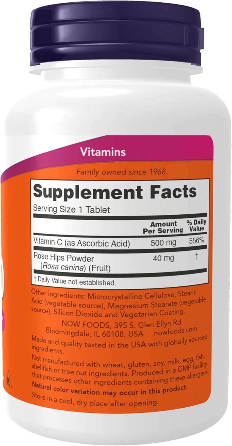 NOW Foods Vitamin C-500 with Rose Hips, 250 Tablets - Antioxidant Protection Supplement