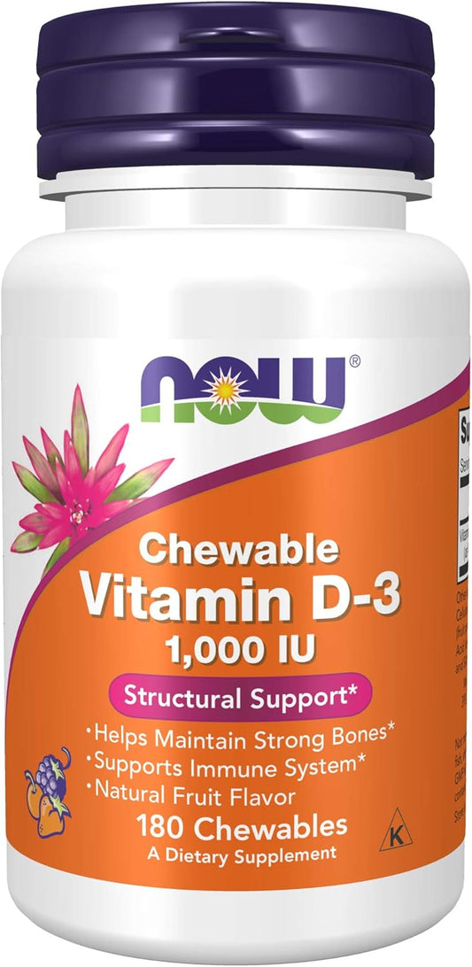 NOW Foods Vitamin D-3 1,000 IU Chewables - Natural Fruit Flavor for Structural Support - 180 Count