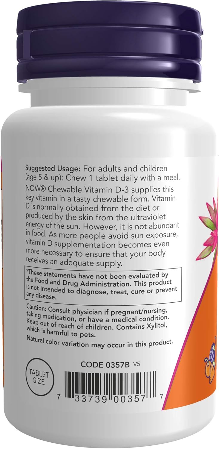 NOW Foods Vitamin D-3 1,000 IU Chewables - Natural Fruit Flavor for Structural Support - 180 Count