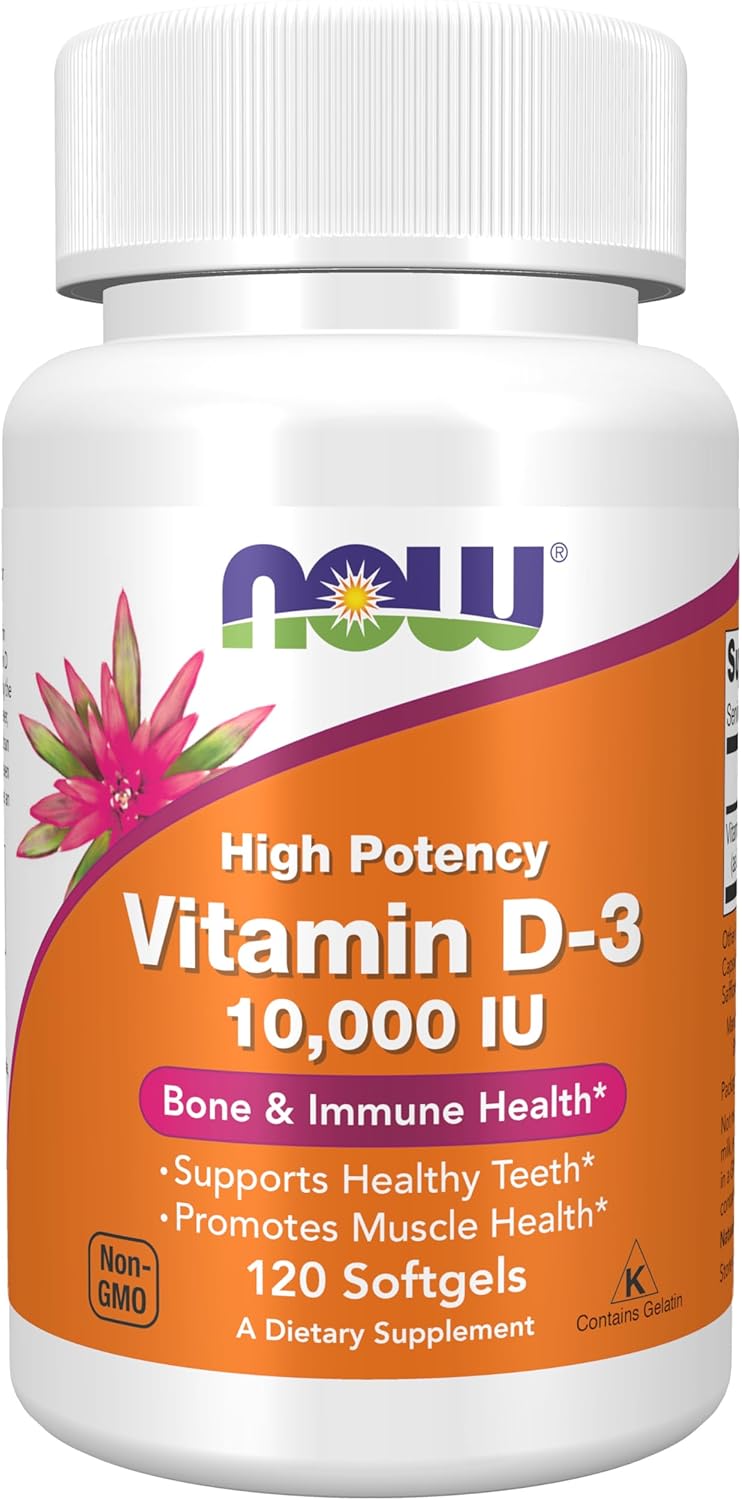 NOW Foods Vitamin D-3 10,000 IU Softgels - High Potency Structural Support Supplement (120 Count)