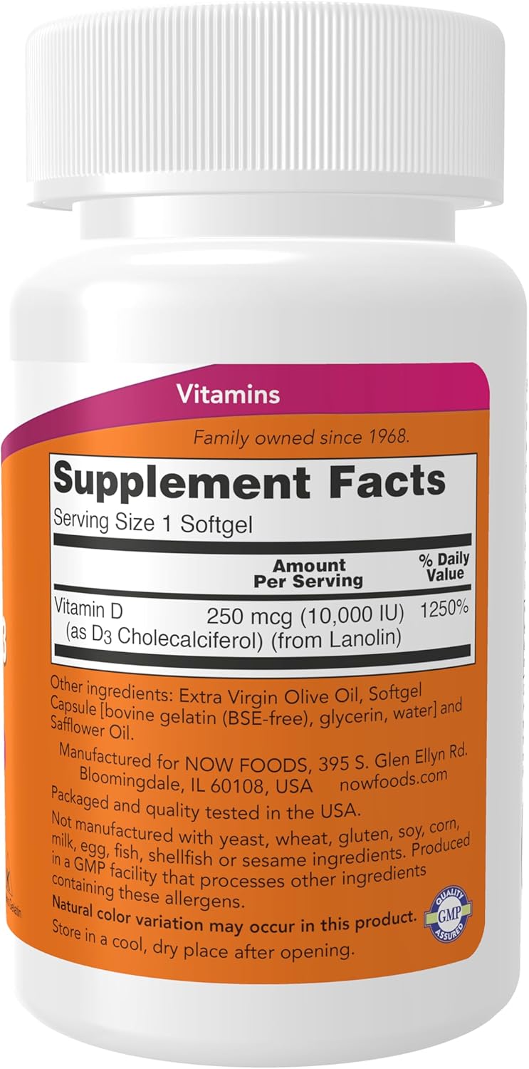 NOW Foods Vitamin D-3 10,000 IU Softgels - High Potency Structural Support Supplement (120 Count)