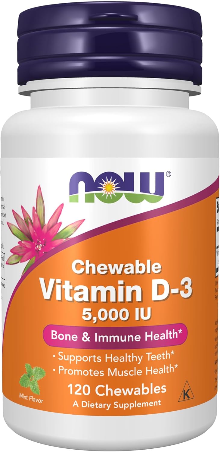 NOW Foods Vitamin D-3 5,000 IU Chewables with Natural Mint Flavor - 120 Count for Structural Support