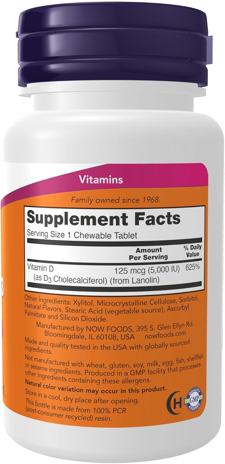 NOW Foods Vitamin D-3 5,000 IU Chewables with Natural Mint Flavor - 120 Count for Structural Support