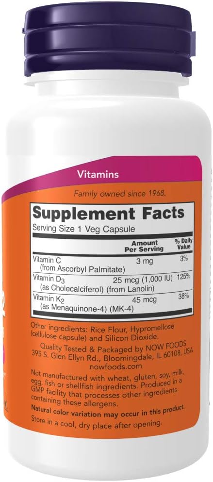 NOW Foods Vitamin D-3 & K-2, 240 Vegetable Capsules (2 Pack)