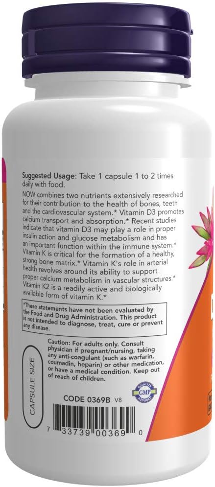NOW Foods Vitamin D-3 & K-2, 240 Vegetable Capsules (2 Pack)