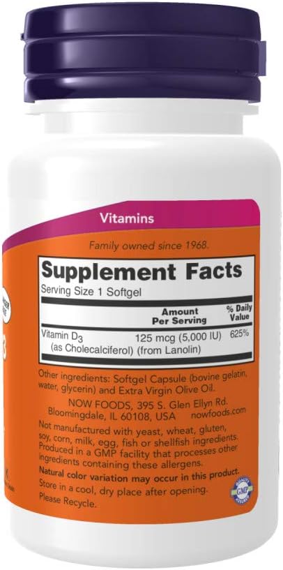 Now Foods Vitamin D3 5,000 IU Softgels - 2 Pack, 480 Count