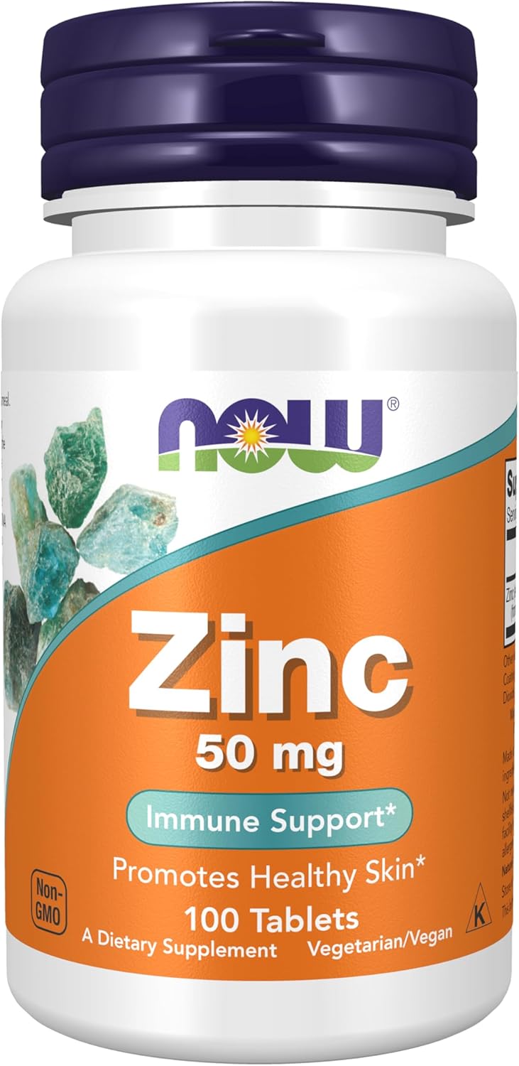NOW Foods Zinc Gluconate 50mg Tablets for Enzyme Function and Immune Support - 100 Count