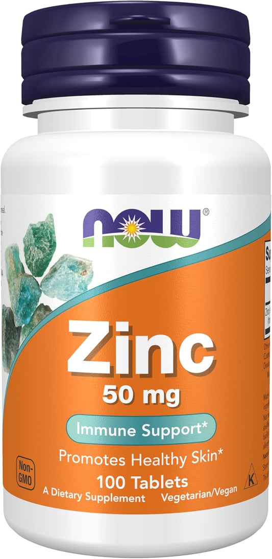 NOW Foods Zinc Gluconate 50mg Tablets for Enzyme Function and Immune Support - 100 Count