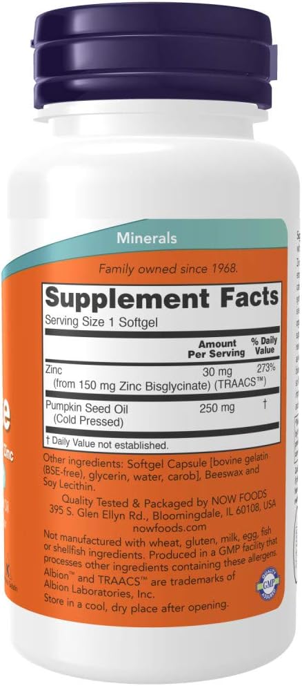 Now Foods Zinc Glycinate with Pumpkin Seed Oil Softgels - Prostate Health Support - 120ct