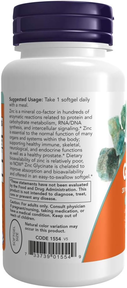 Now Foods Zinc Glycinate with Pumpkin Seed Oil Softgels - Prostate Health Support - 120ct