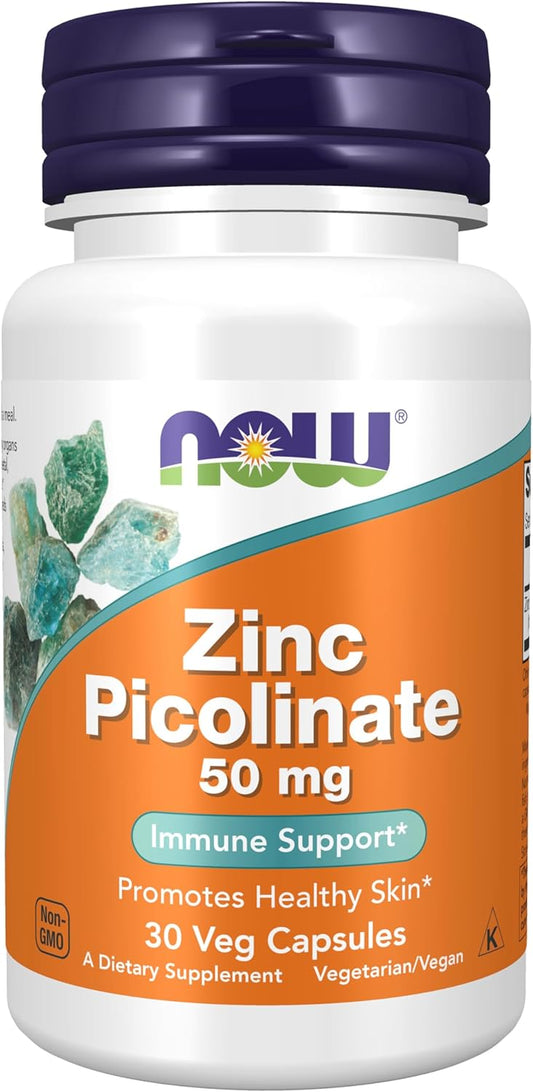 NOW Foods Zinc Picolinate 50mg - Enzyme Function & Immune Support - 30 Veg Capsules