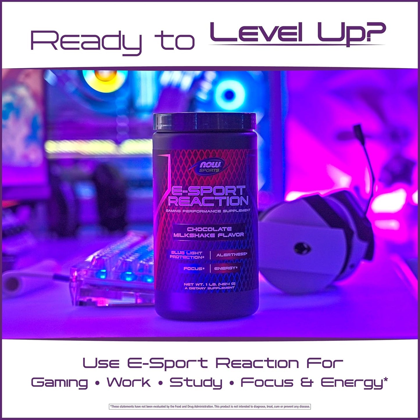 NOW Sports Esport Reaction Supplement - Chocolate Milkshake Flavor - Boost Gaming Performance with Crash-Free Energy and Blue Light Protection - 30 Servings