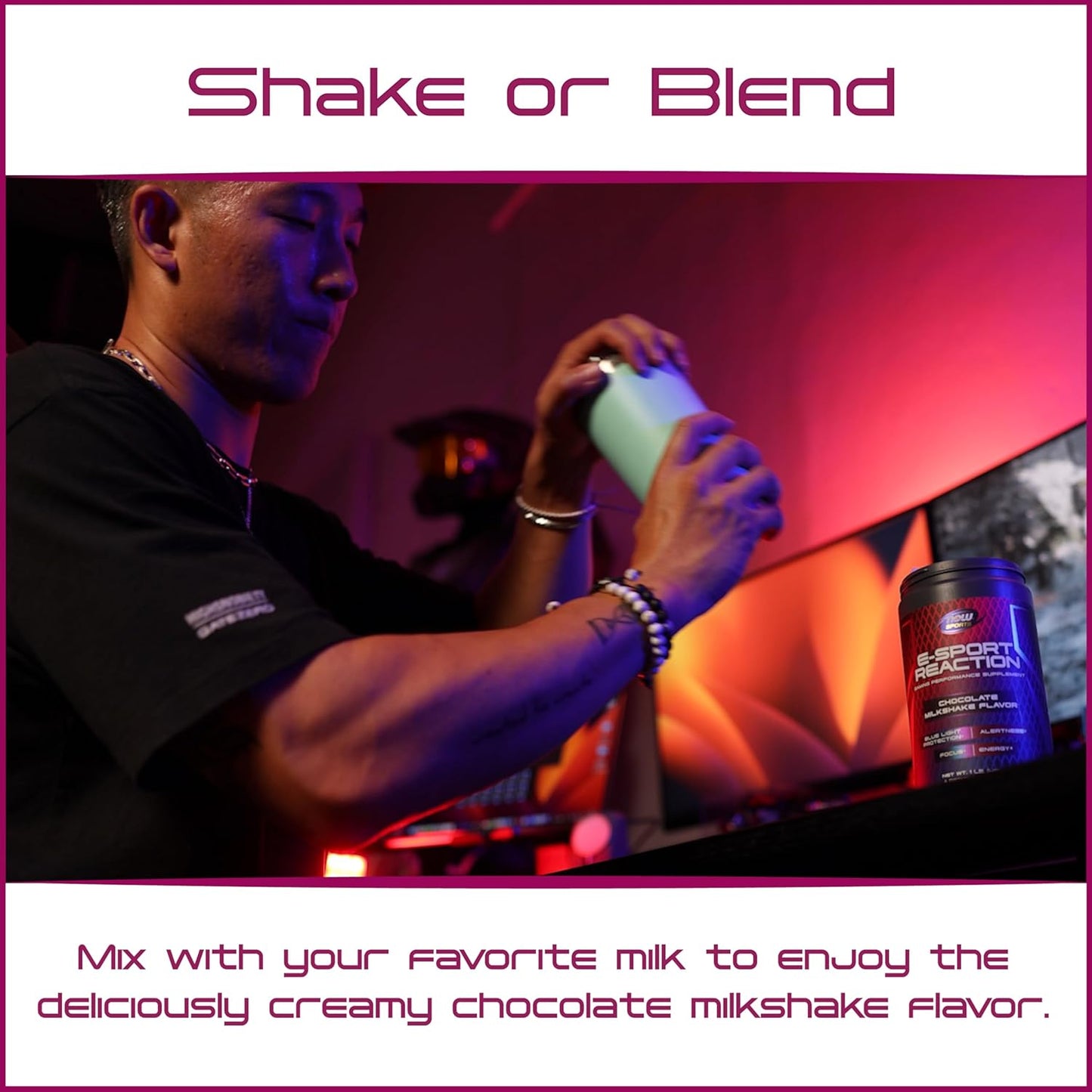 NOW Sports Esport Reaction Supplement - Chocolate Milkshake Flavor - Boost Gaming Performance with Crash-Free Energy and Blue Light Protection - 30 Servings
