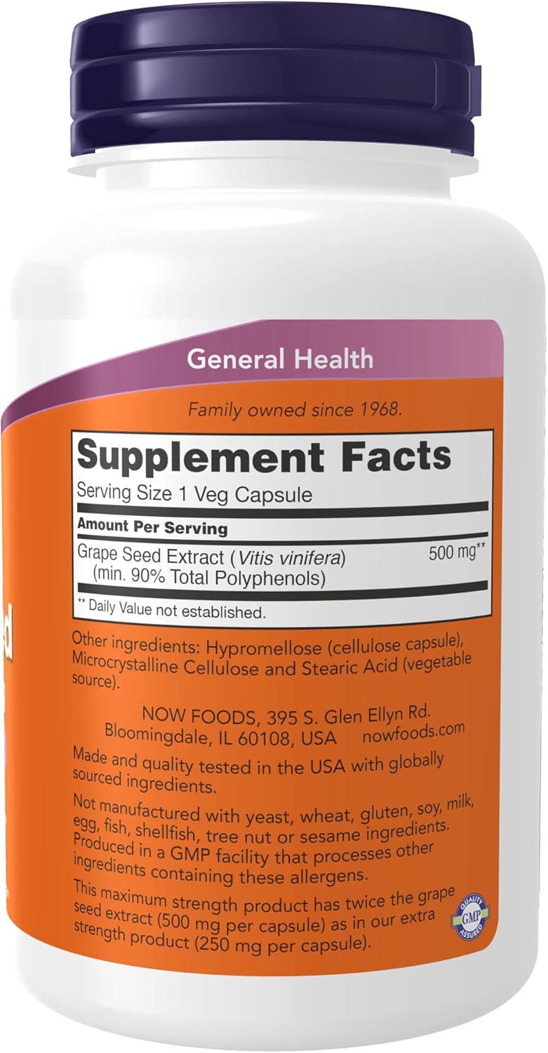 NOW Supplements Grape Seed Extract 500 mg - Highly Concentrated 90% Polyphenols - 90 Veg Capsules - Pack of 2