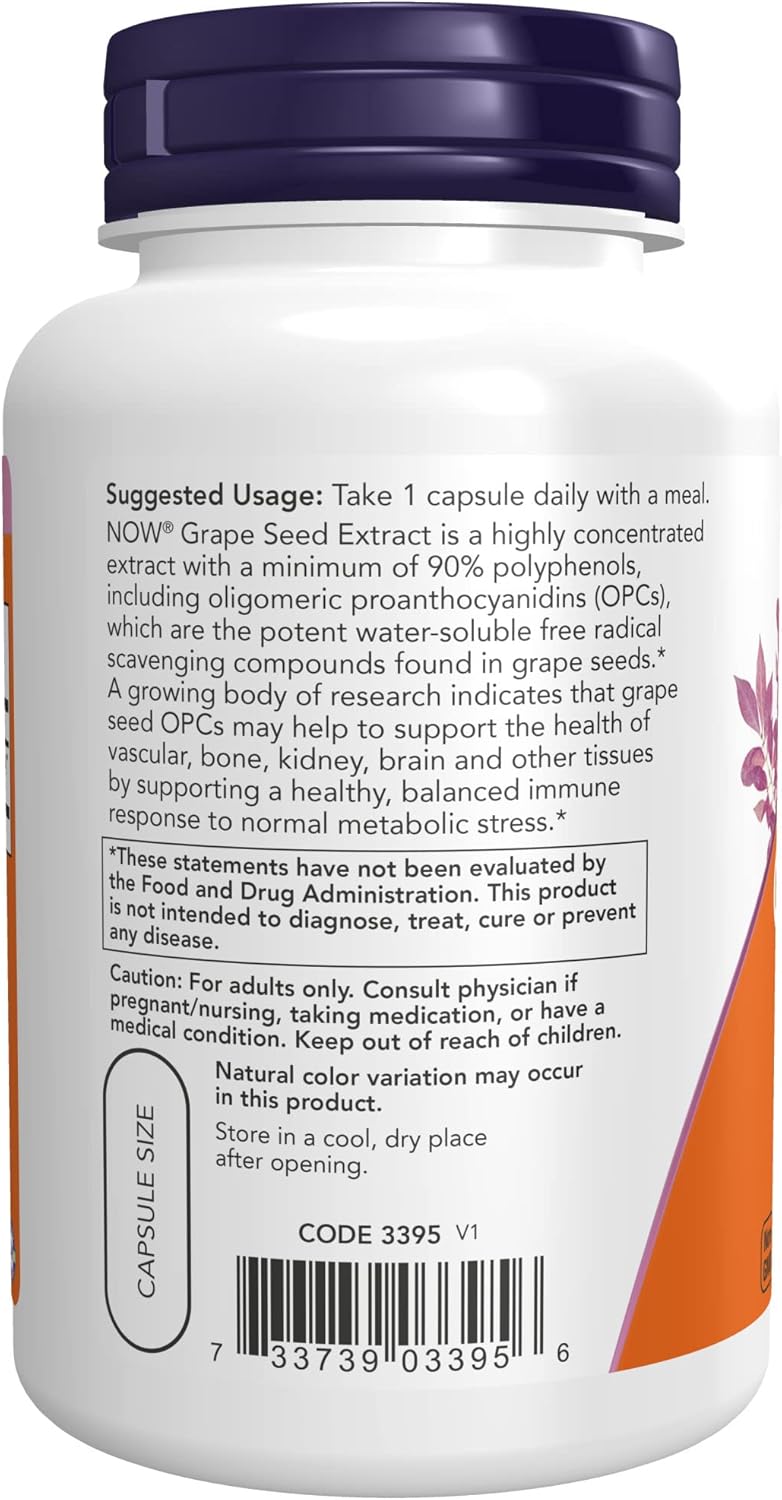 NOW Supplements Grape Seed Extract 500 mg - Highly Concentrated 90% Polyphenols - 90 Veg Capsules - Pack of 2