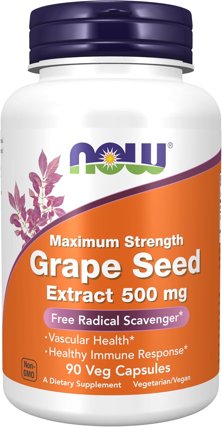 NOW Supplements Grape Seed Extract 500 mg - Maximum Strength, Highly Concentrated with 90% Polyphenols - 90 Veg Capsules