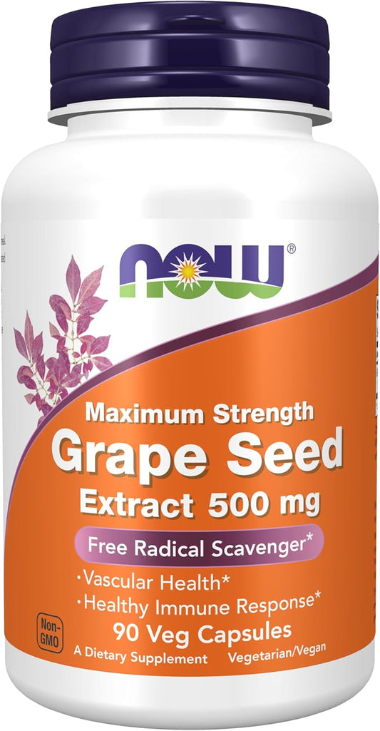 NOW Supplements Grape Seed Extract 500 mg - Maximum Strength, Highly Concentrated with 90% Polyphenols - 90 Veg Capsules