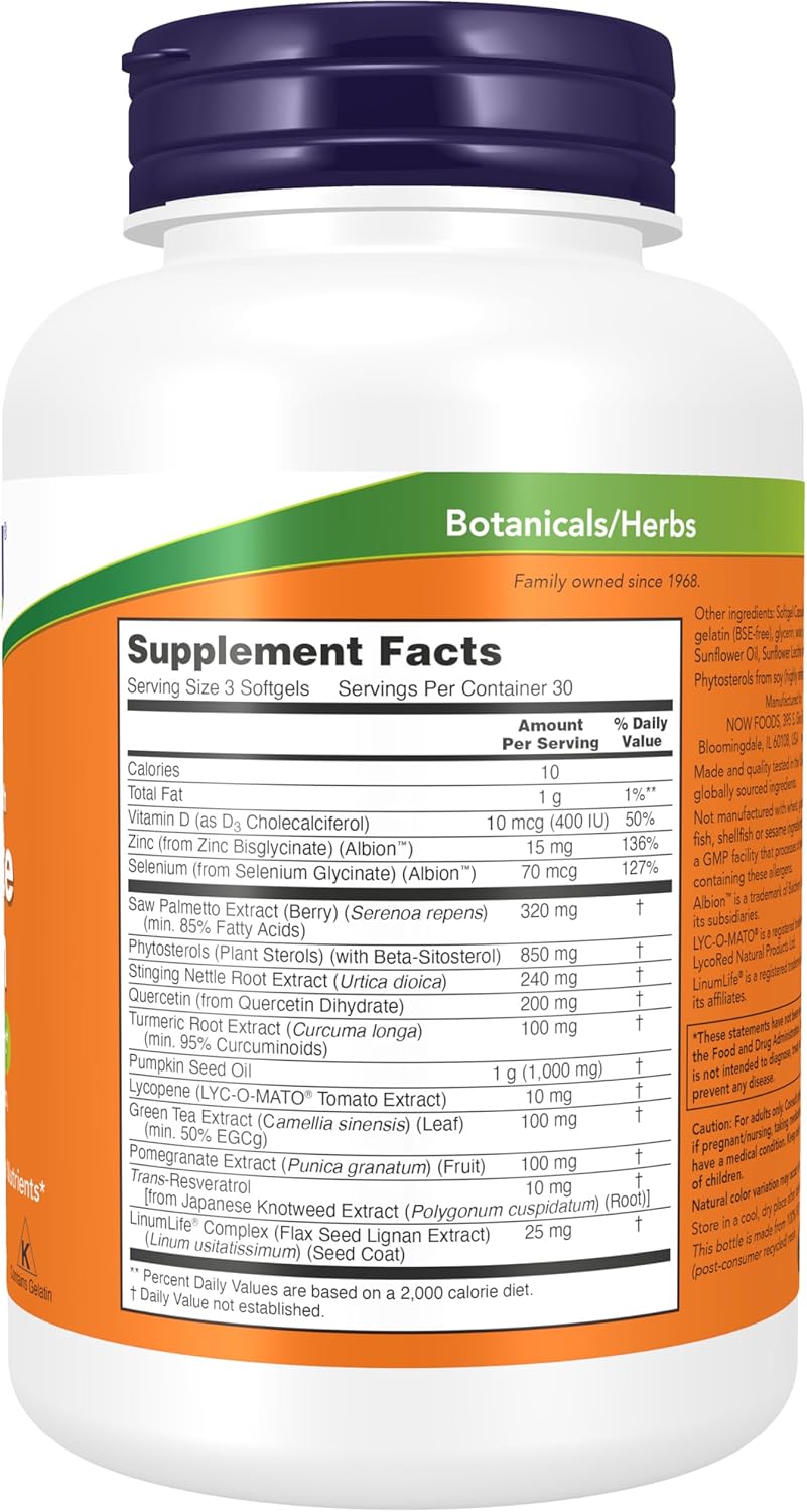 NOW Supplements Prostate Health Softgels with Saw Palmetto, Beta-Sitosterol, and Lycopene - 90 Count