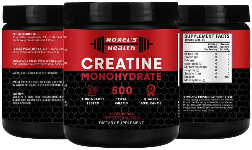 Noxel Micronized Creatine Monohydrate Powder - 100 Servings, 5g per Serving, Muscle Building Pre Workout Supplement, 500g (1.1 lbs) Pack