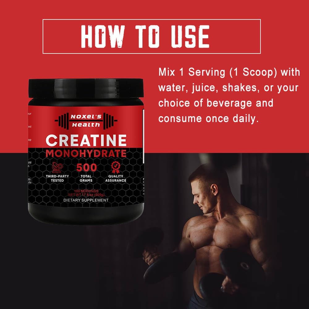 Noxel Micronized Creatine Monohydrate Powder - 100 Servings, 5g per Serving, Muscle Building Pre Workout Supplement, 500g (1.1 lbs) Pack