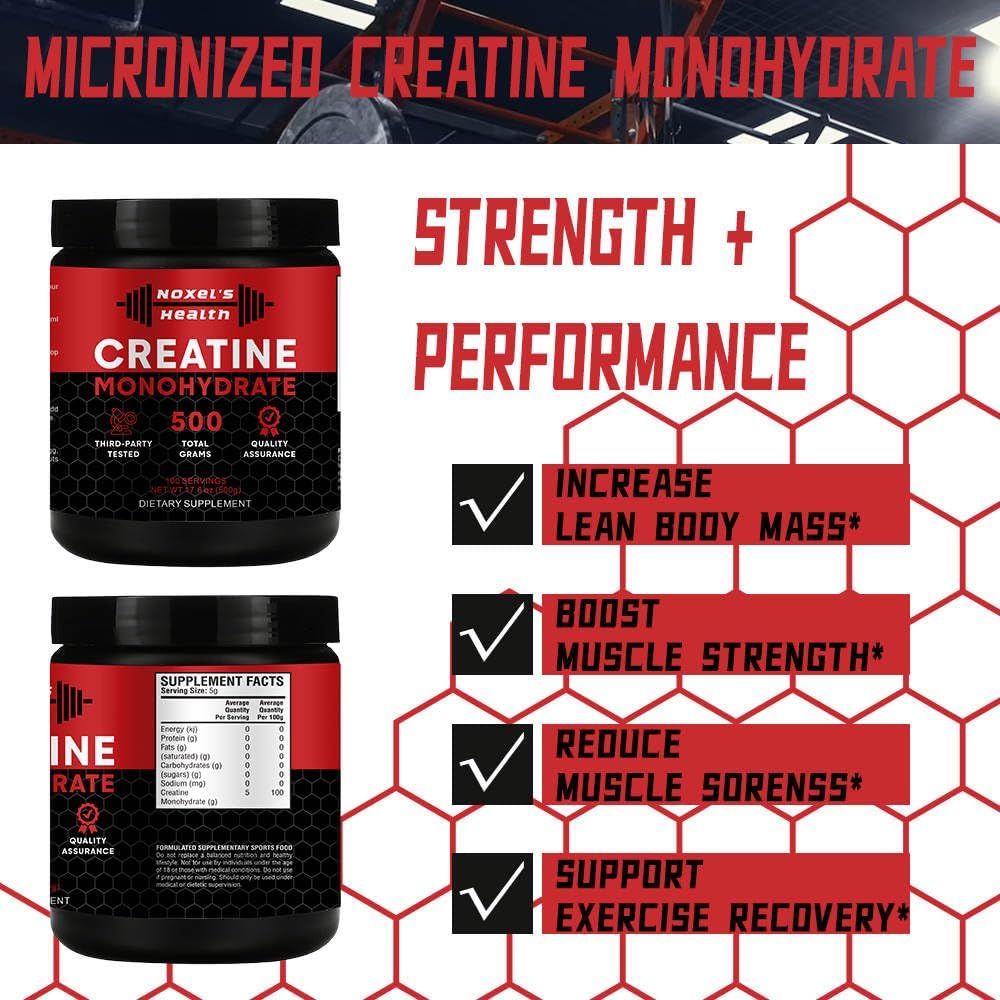 Noxel Micronized Creatine Monohydrate Powder - 100 Servings, 5g per Serving, Muscle Building Pre Workout Supplement, 500g (1.1 lbs) Pack