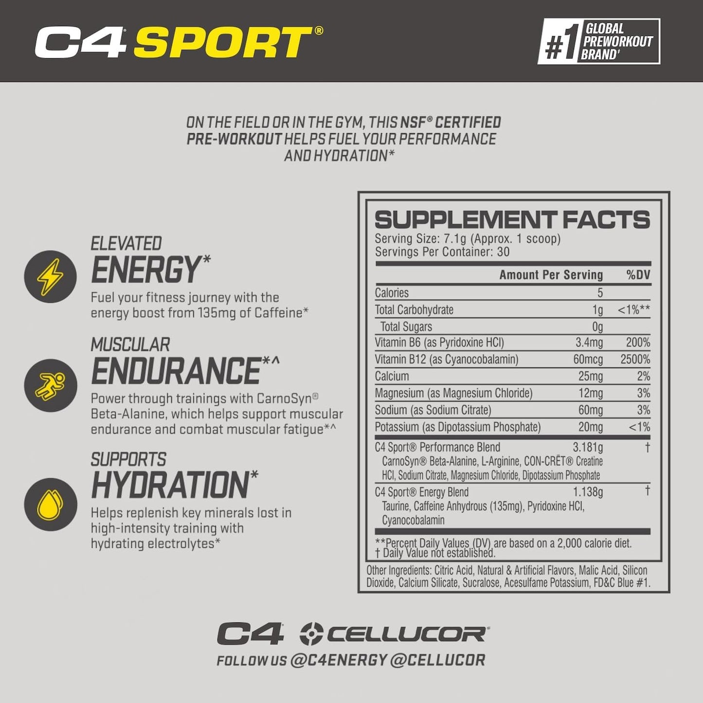 NSF Certified Cellucor C4 Ripped Sport Fruit Punch Pre Workout Powder + Sugar Free Blue Raspberry C4 Sport Energy Powder